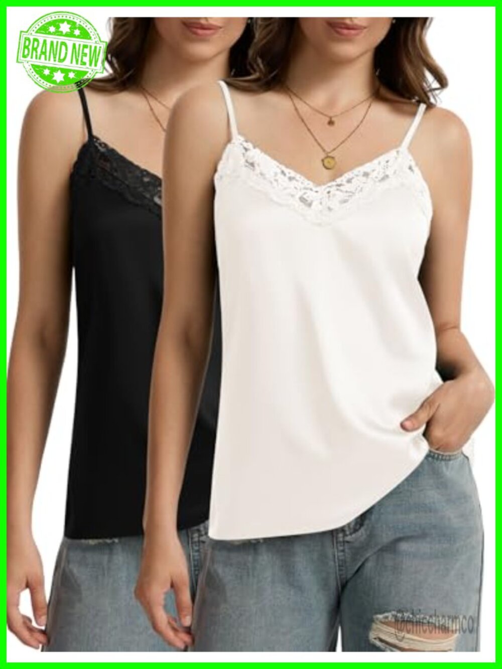 Satin Lace V Neck Sleeveless Camisole Tank Top Adjustable Spaghetti Strap